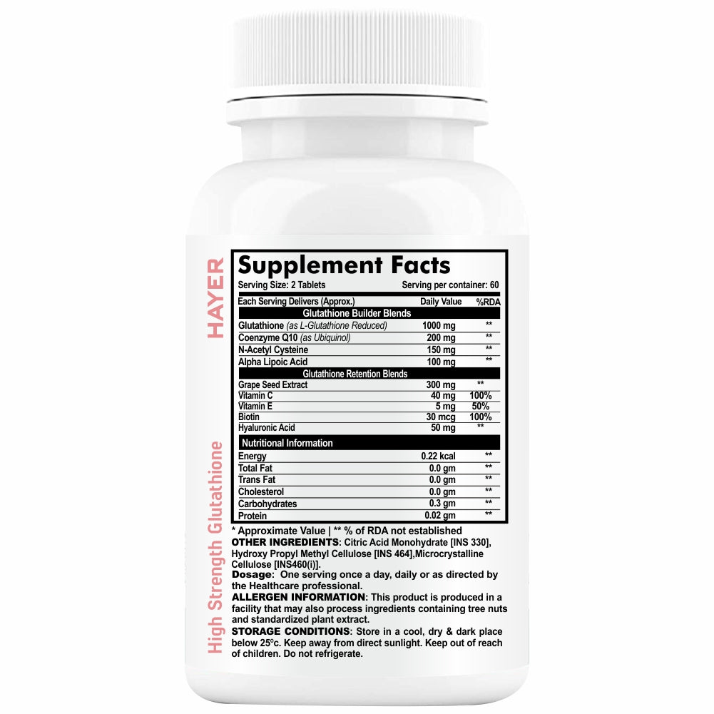 HAYER Glutathione-Tablets 1000mg, Reduces Pigmentation, Dark Patches And Face Fine Lines-60 Tablet