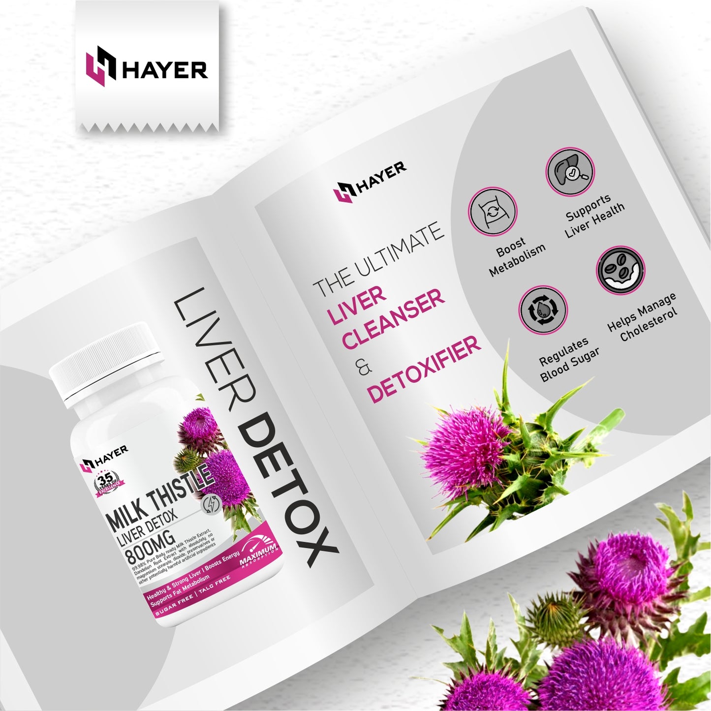 HAYER Milk Thistle Supplements With Dandelion Root Extract 60 Organic Tablets
