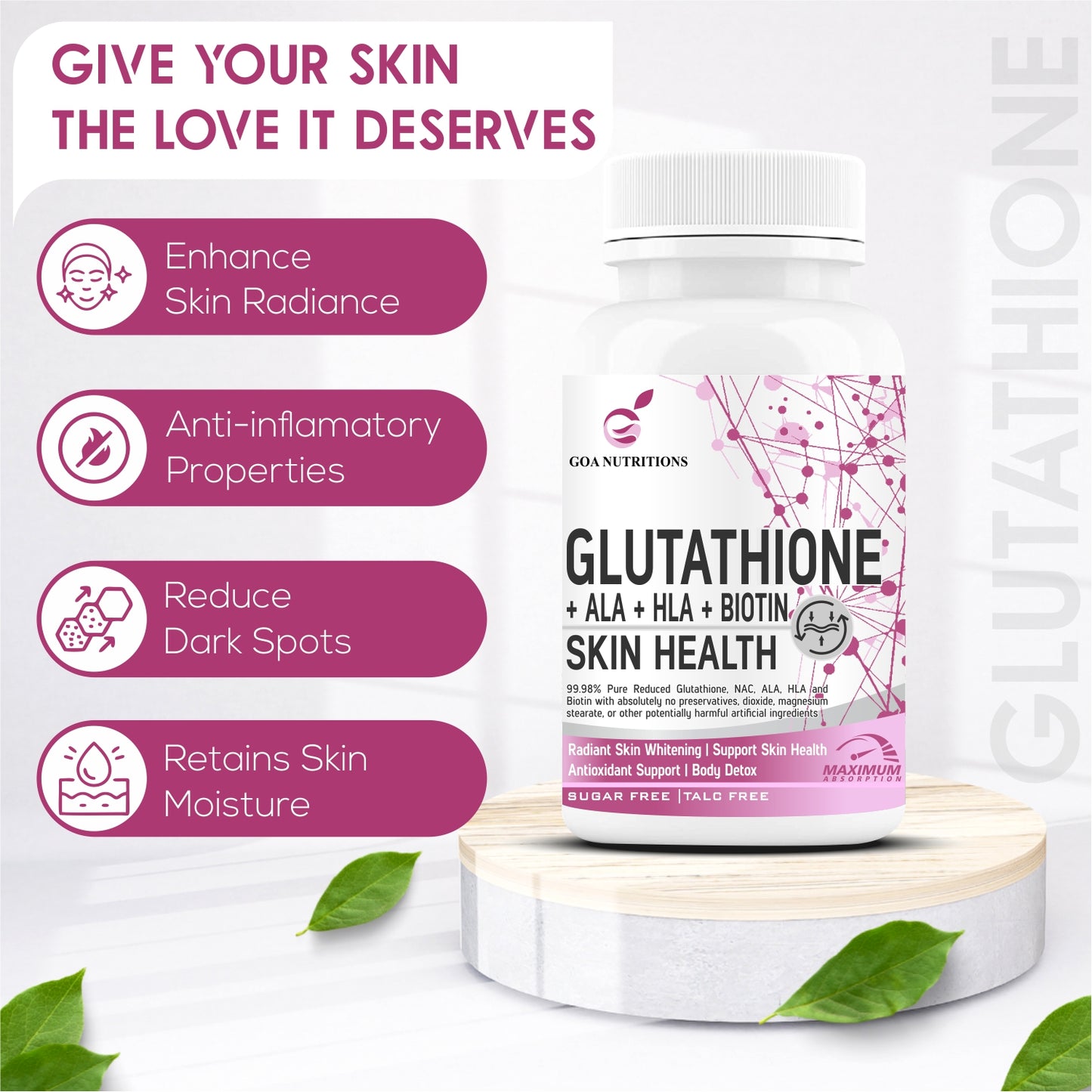 GOA NUTRITIONS Glutathione Tablets 1000mg For Skin, Face, and Hair For Men & Women 60 Tablet