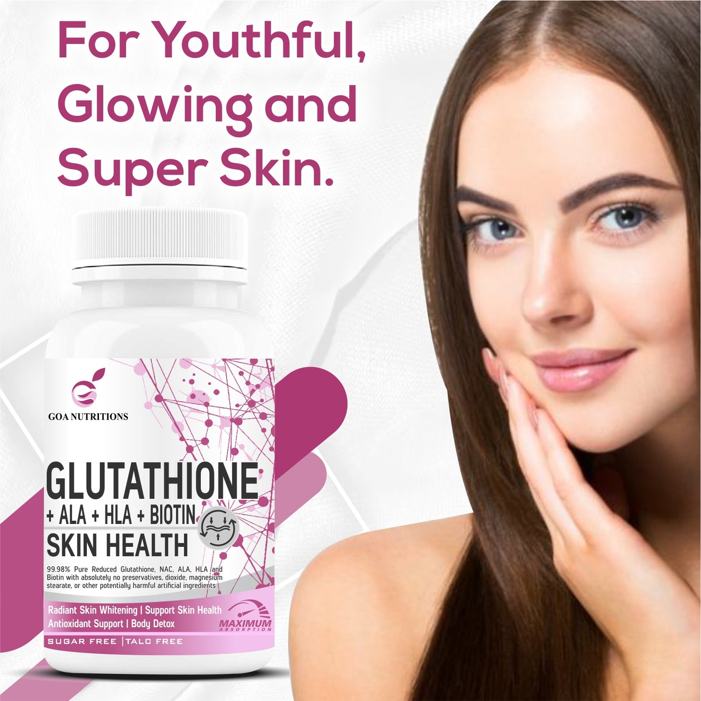 GOA NUTRITIONS Glutathione Tablets 1000mg For Skin, Face, and Hair For Men & Women 60 Tablet