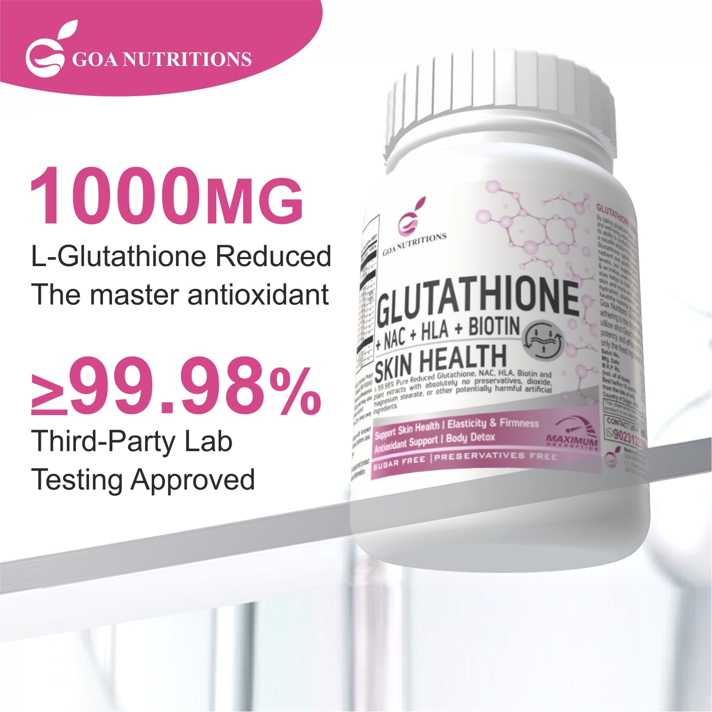 GOA NUTRITIONS Glutathione Tablets 1000mg For Skin, Face, and Hair For Men & Women 60 Tablet