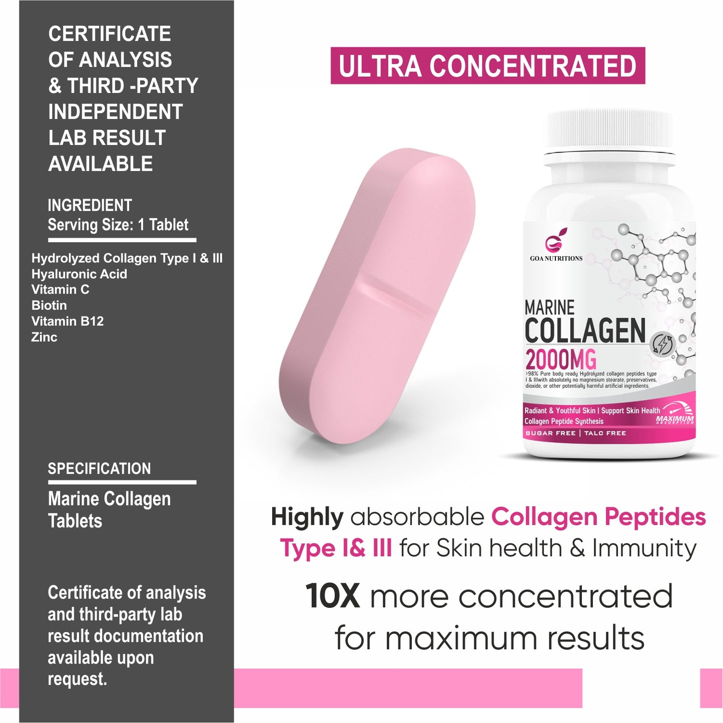 GOA NUTRITIONS Marine Collagen Powder for Skin, Hair Supplement for Men, Women - 90 Tablets