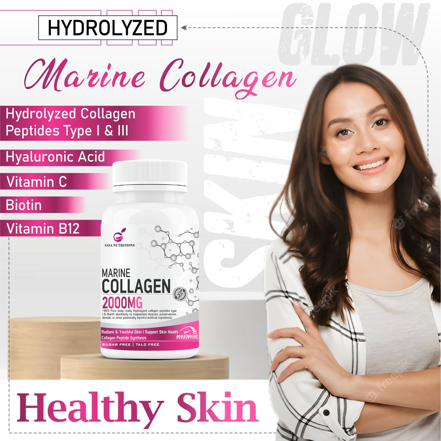 GOA NUTRITIONS Marine Collagen Powder for Skin, Hair Supplement for Men, Women - 60 Tablets