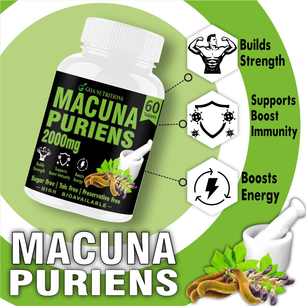 GOA NUTRITIONS Mucuna Pruriens Tablets Kapikachhu Extract 2000 mg (20% L-Dopa) To Support As Energy Booster -60 (Pack 1)