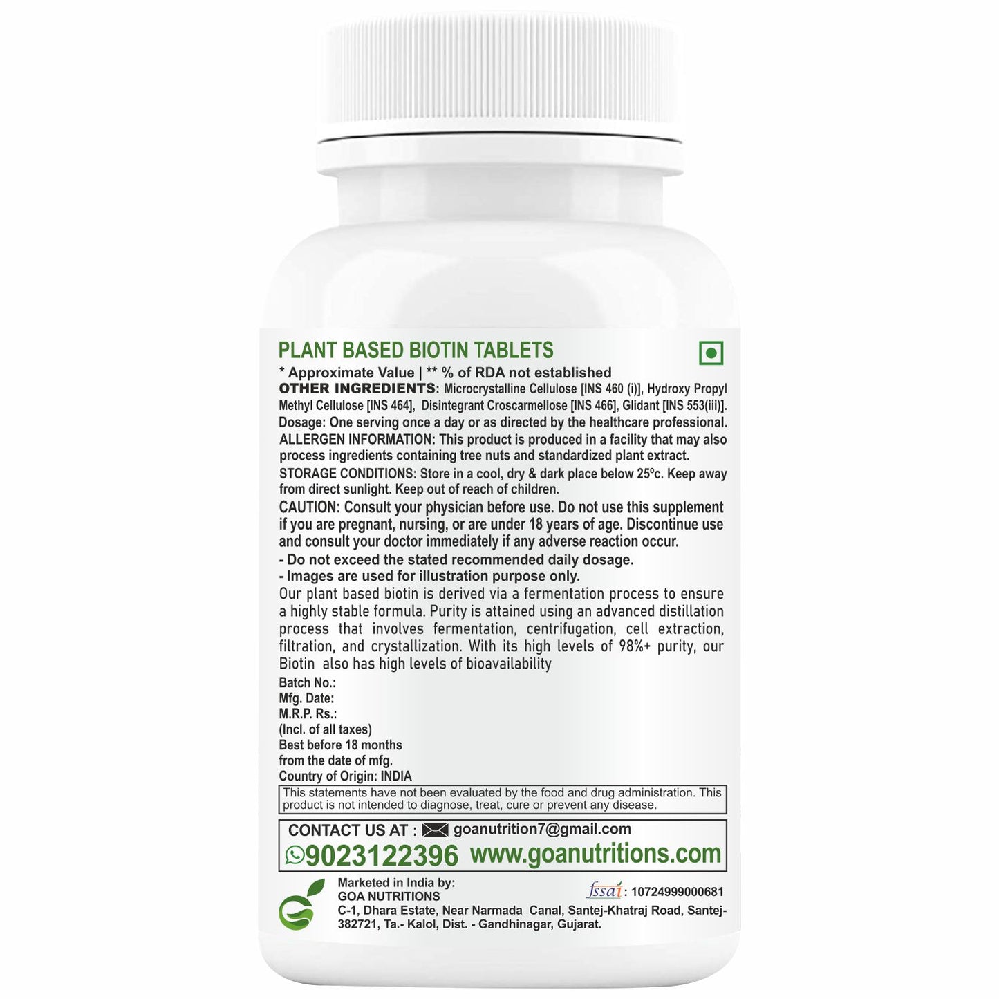 GOA NUTRITIONS Plant Based Biotin tablets For Hair Growth or Women Men- 60 Tablets