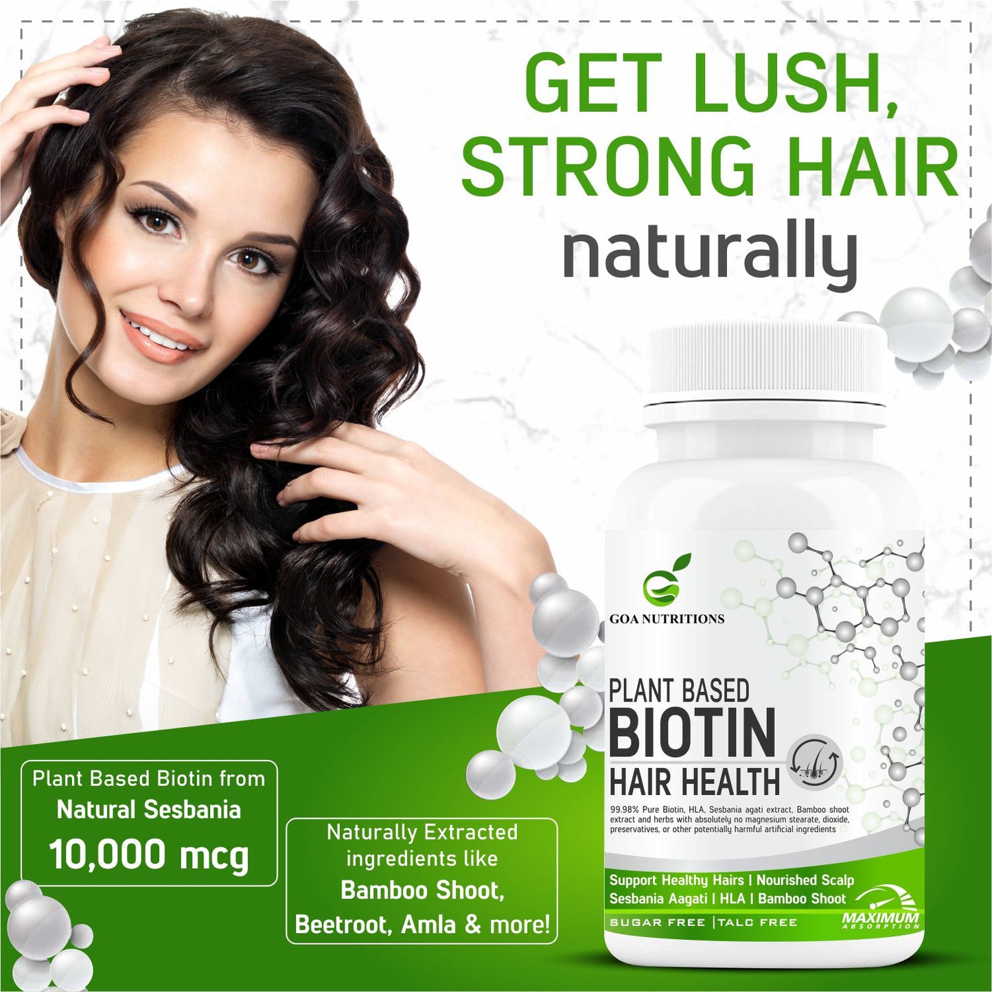 GOA NUTRITIONS Plant Based Biotin tablets For Hair Growth or Women Men- 60 Tablets