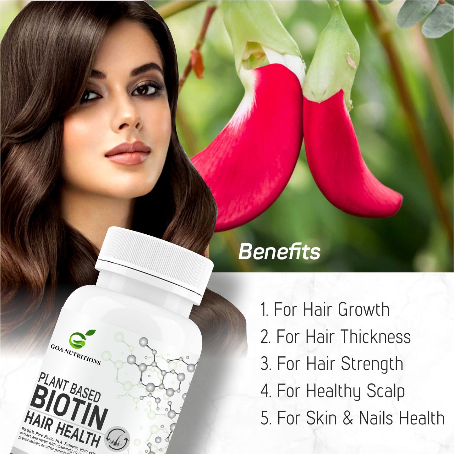 GOA NUTRITIONS Plant Based Biotin tablets For Hair Growth or Women Men- 60 Tablets