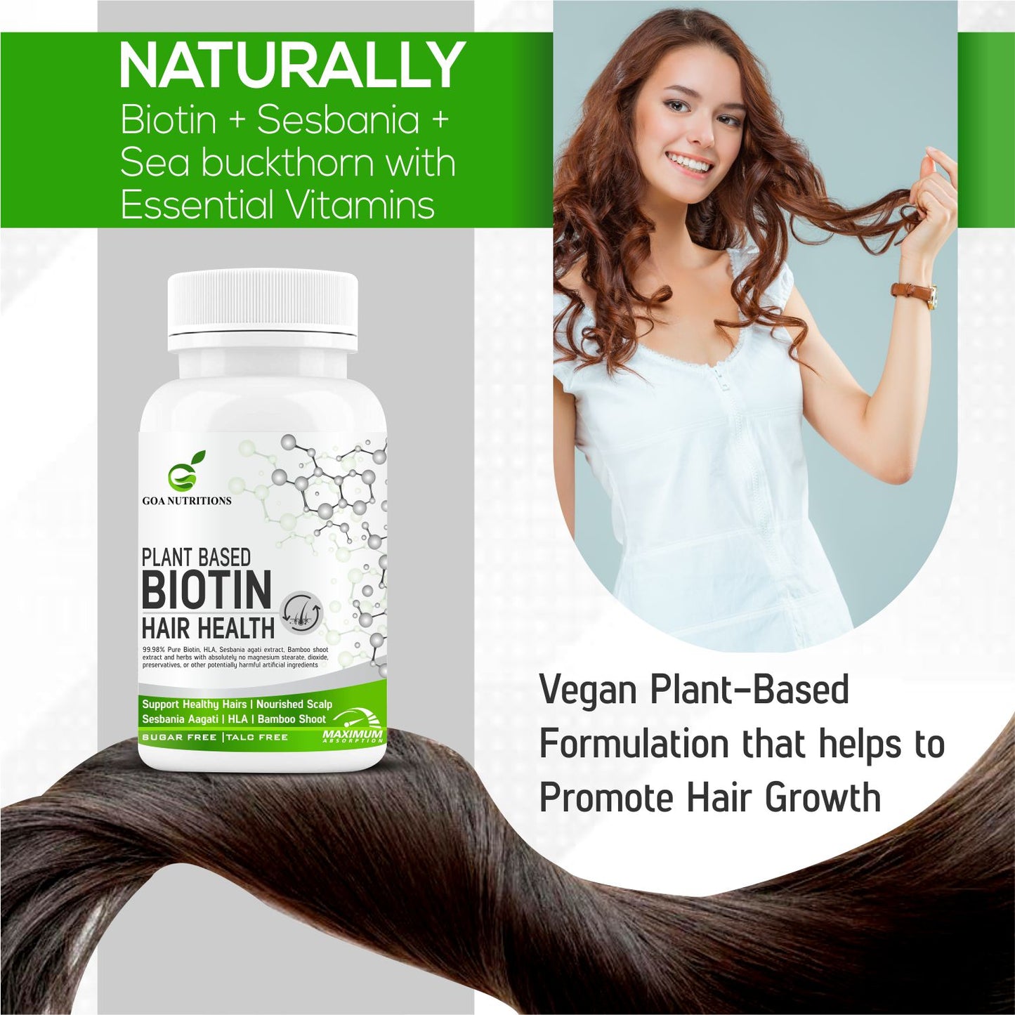 GOA NUTRITIONS Plant Based Biotin tablets For Hair Growth or Women Men- 60 Tablets