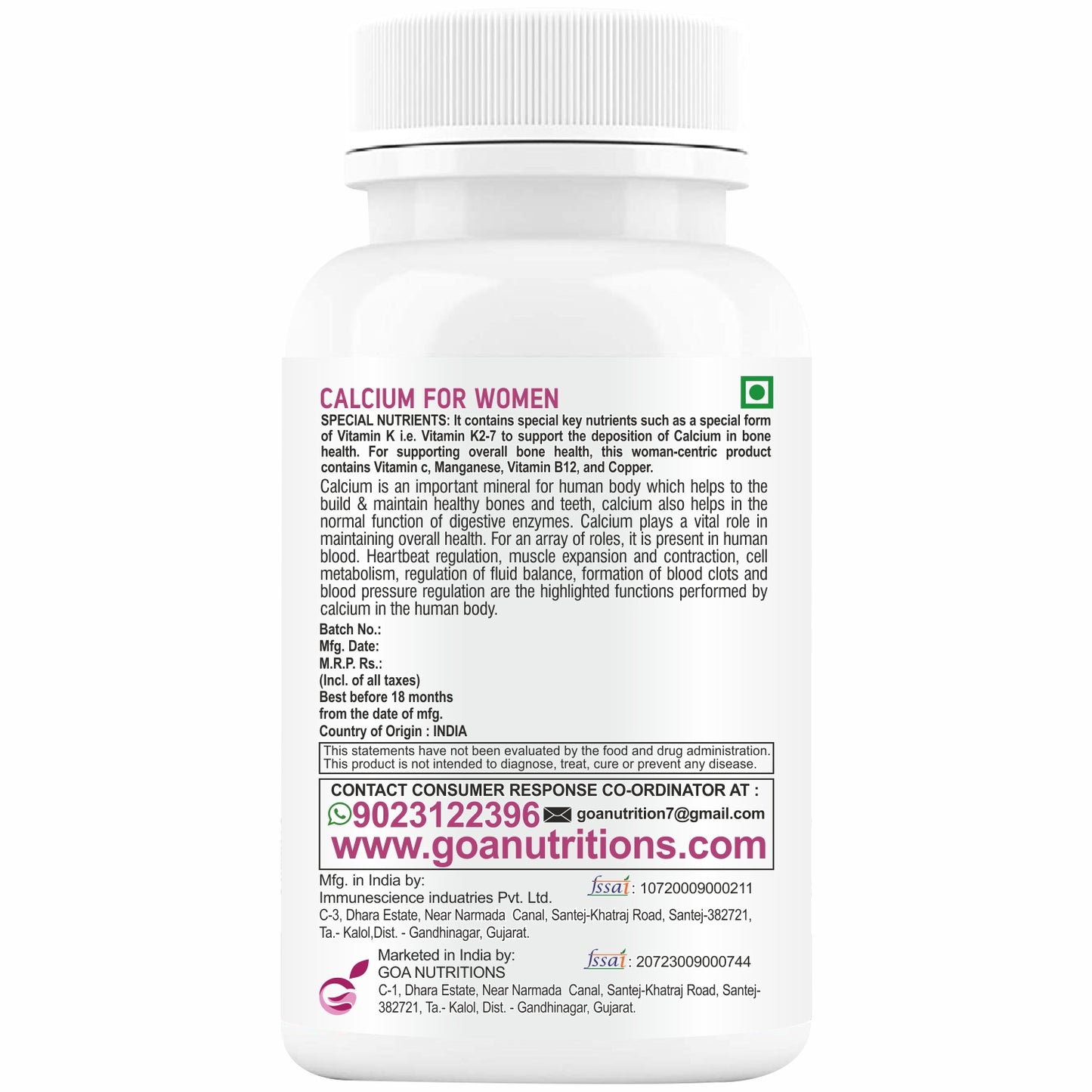 GOA NUTRITIONS Calcium Tablets For Women 120 Chewable Tablet