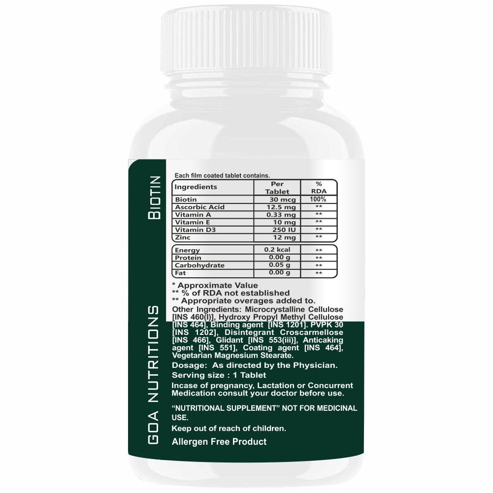Goa Nutritions Biotin For Hair Growth With Vitamin A C E D3 and Zinc supplements - 60 Tablets - Image #2