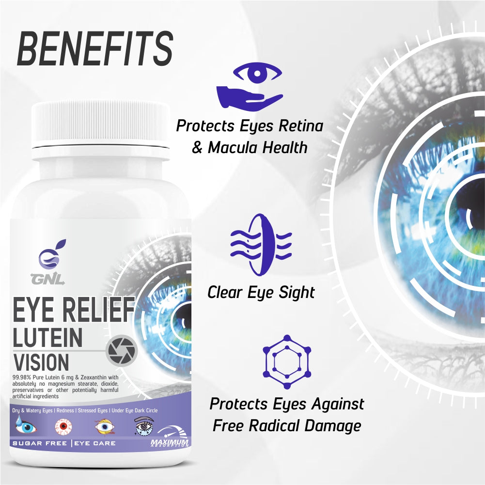 GNL Eye Supplements With Lutein, Zeaxanthin To Support Reducing Dryness, Stress, Itchy, UV Light, And Redness In Eyes - 60 Capsules