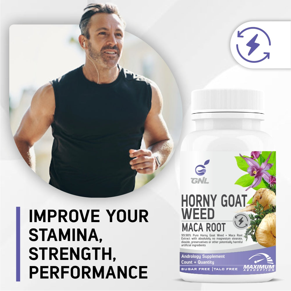 GNL Horny Goat Weed Powder And Maca Root, Organic Dietary Supplement With Absorption Enhancers 1000mg-60 Sugar Free Tablets