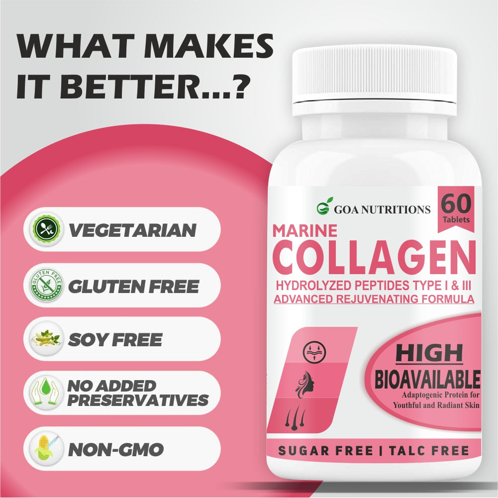 GOA NUTRITIONS Marine Collagen Powder for Skin, Hair Supplement for Men, Women - 90 Tablets