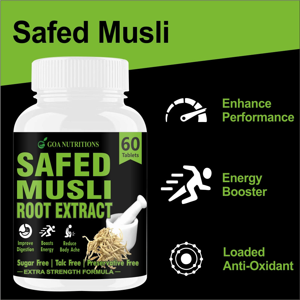 GOA NUTRITIONS Safed Musli Powder Support Strength, Stamina & Energy - 60 Tablets