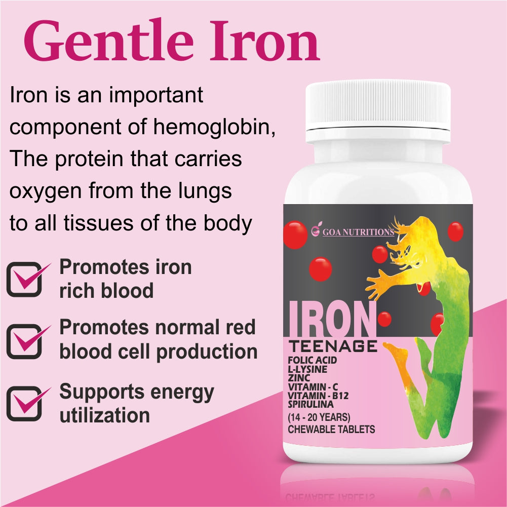 Goa Nutritions Iron Tablets With Folic Acid Vitamin C, B12 For Women Teenager Girls – 60 Chewable Tablets