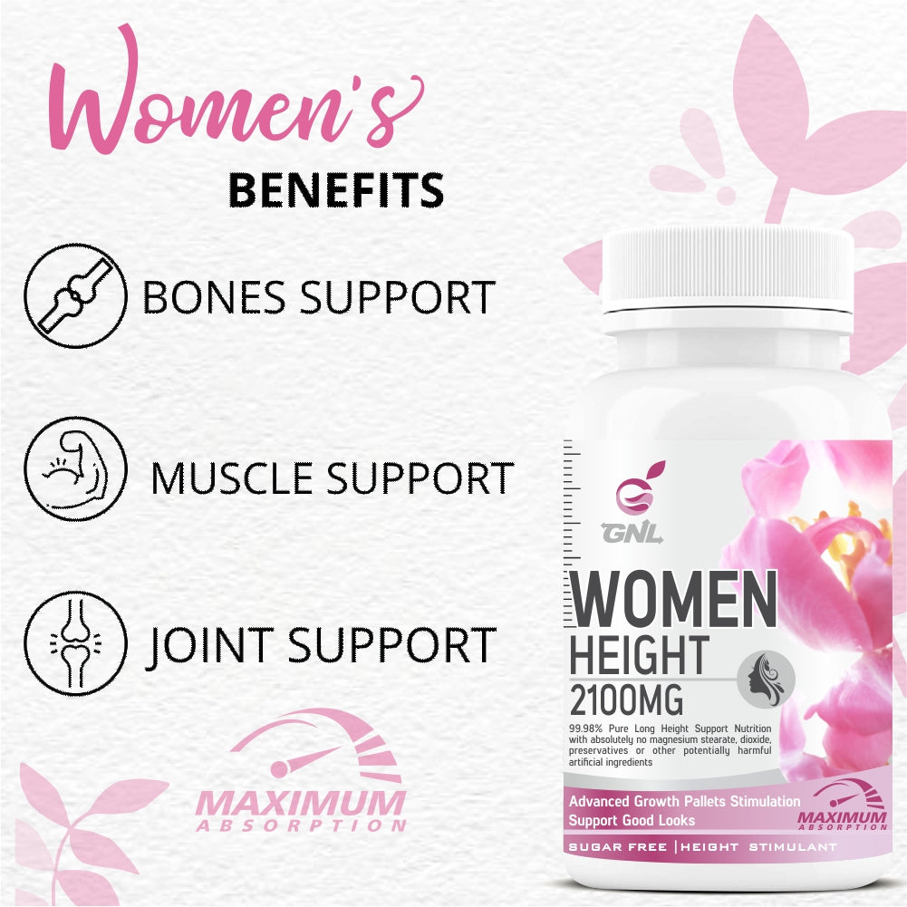 GNL Height Increase Medicine For Women With EAA, Minerals, Super Foods To Help Support Increasing Long Growth, Looks, And Strong Bones -60 Capsules