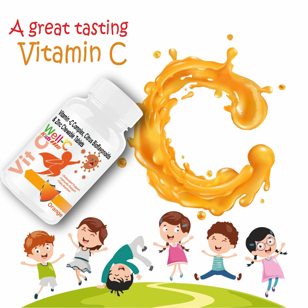 Well-C Vitamin C Tablets Immunity Booster For Kids Orange Flavor Chewable Tablets -60